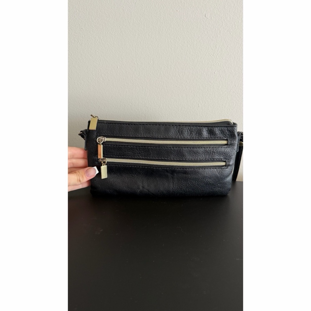 Black Leather Wristlet Crossbody with Gold Zippers